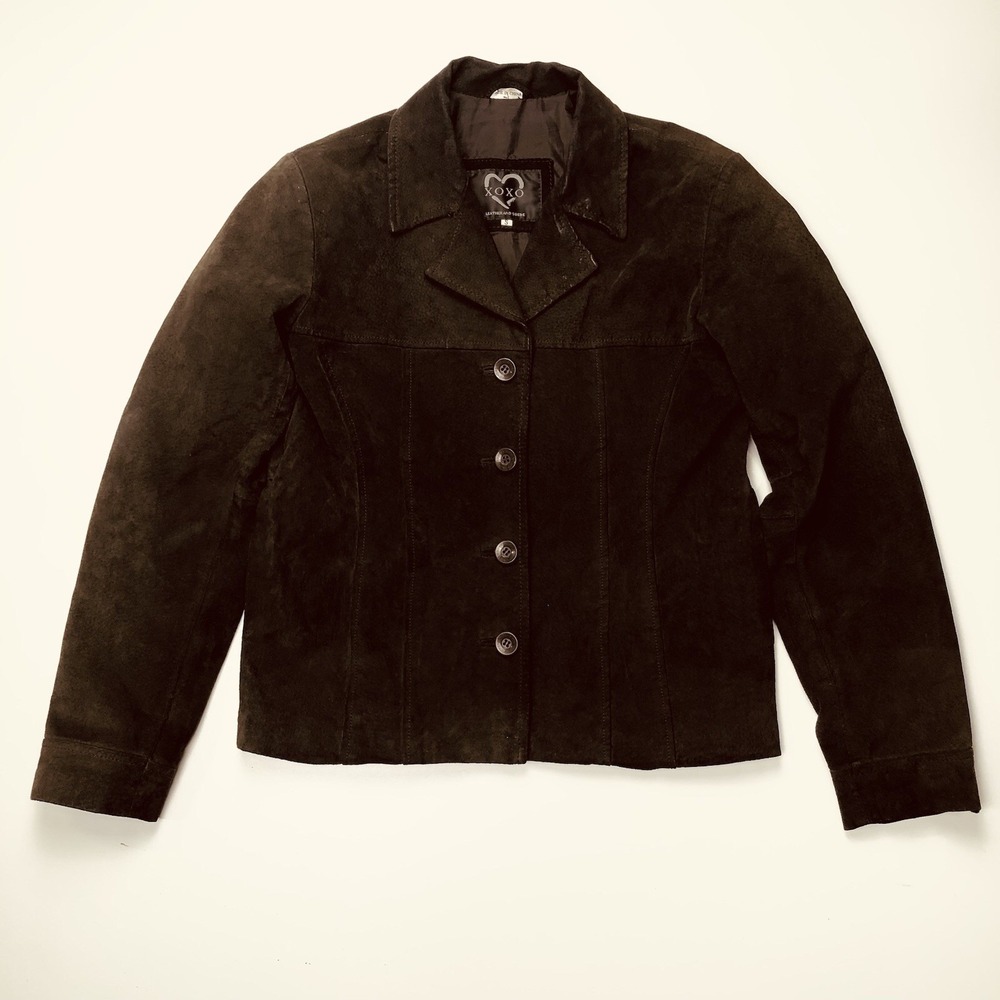 VTG XOXO Women Chocolate Brown Genuine Suede Leather Button Blazer Jacket S